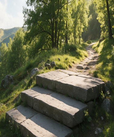 Stone steps on a wooded path, opening onto a hillside view
