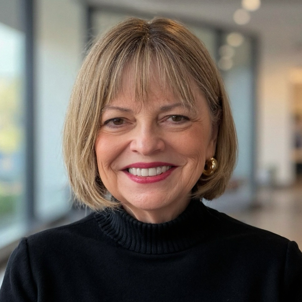 Derinda headshot. Woman with black shirt in an office